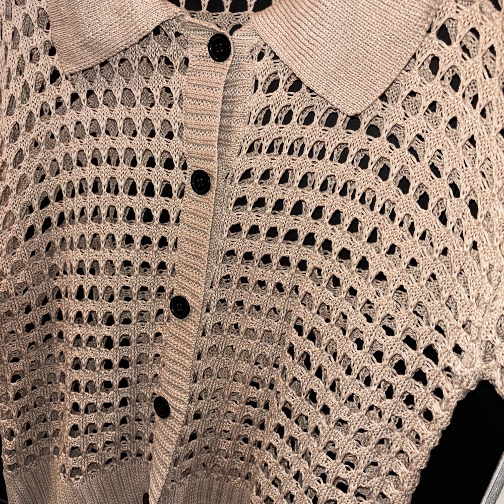 Open-Knit Crochet Beige Button Down Cardigan Sweater Size XXL - Picture 3 of 6